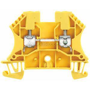 Front view of a yellow electrical terminal block featuring two metal screw clamps and molded mounting clips.