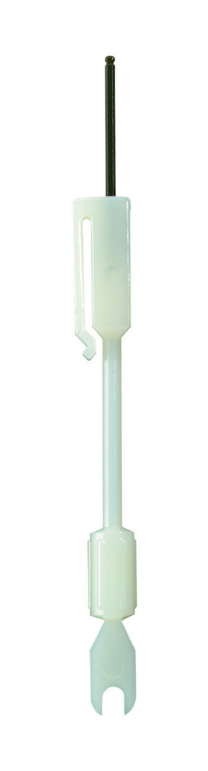 White plastic removal tool with long black rod and forked end