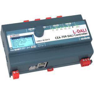 Rectangular blue lighting control box with LEDs, screen and knob.