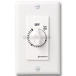 Rectangular white wall plate with a central knob timer labeled off, featuring tick marks around the dial