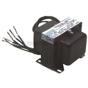 Black rectangular transformer block with multicolored wire leads