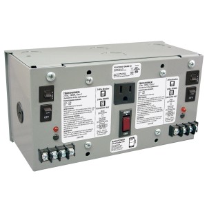 Grey power hub with two transformers, outlets and central red reset button