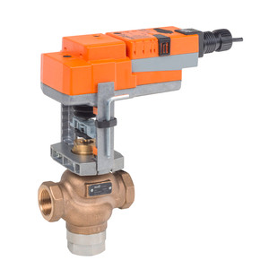 Brass three-port valve body with orange actuator mounted on top
