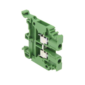 Green plastic terminal block with metal contact points on a small rail segment.