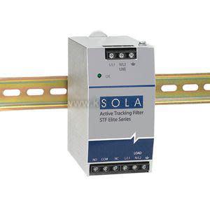 Image of a rectangular grey electrical filter unit labeled 'Sola Active Tracking Filter STF Elite Series,' shown attached to a gold‑colored DIN rail with terminal connections on the top and bottom.
