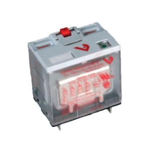 Small translucent relay with a red switch on top and a green indicator light; four metal pins extend from the base