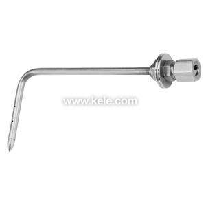 Metal L-shaped tube with small holes near its tapered end and a threaded fitting at the base for installation.