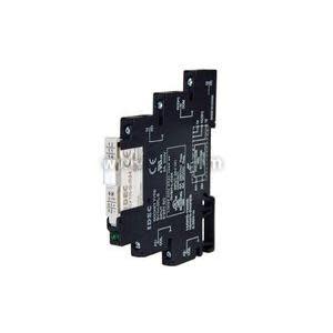 Narrow black relay module with white plug-in relay and printed circuit diagram on the front