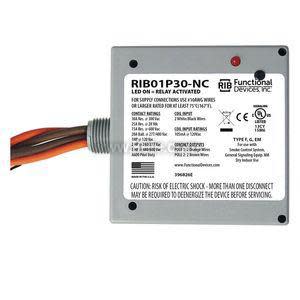 Square grey relay device labelled RIB01P30-NC with printed specifications and a bundle of colored wires emerging from the side.