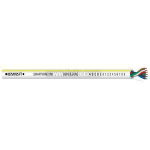 A thin white sensor rod with a yellow stripe down one side, printed letters and numbers, and a bundle of multi‑colored wires at the end.