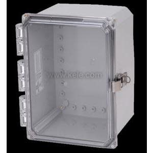 Rectangular grey enclosure with a transparent front door secured by a latch, open to reveal an empty interior with multiple screw posts.