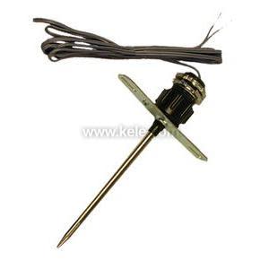 Metal duct temperature sensor with long rod, square mounting flange, black compression nut and long grey wire