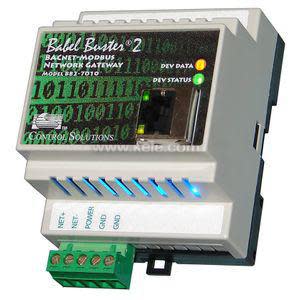 Grey and black network gateway labeled Babel Buster 2 featuring an Ethernet port, LED indicators and a green terminal block