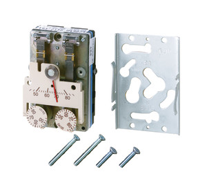 Temperature control device featuring a beige face with a red pointer and two adjustment dials, accompanied by a perforated metal mounting plate and four screws.