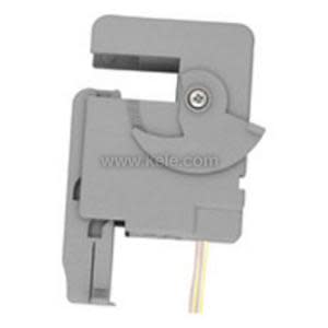 Small grey clamp-style current sensor with pivoting jaw and output wires.
