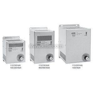 Set of three rectangular metal heaters with slotted ventilation grills on top and adjustable thermostat knob on front