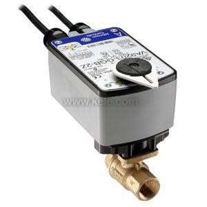Rectangular gray actuator box with a little triangular pointer and wires on top of a brass valve.
