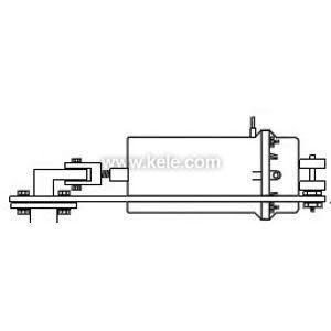 Simple black-and-white diagram of a cylindrical component connected to a long lever arm with brackets and bolts