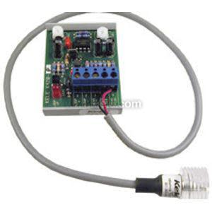 Small circuit board with components and a blue terminal strip; a gray cable attaches to a cylindrical sensor head.