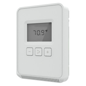 Small white wall sensor with a digital screen reading 70.9 degrees and plus/minus arrow buttons.