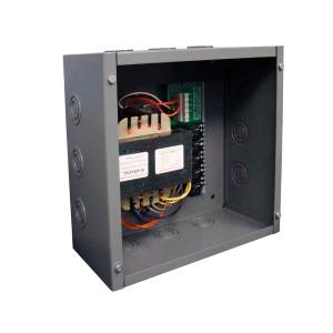 Square gray junction box with its cover removed, revealing a large black transformer and various wires connected inside.