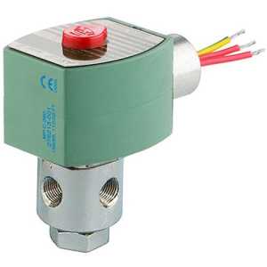 Silver metal solenoid valve with a green coil on top and a red button plus colored wires