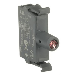 A small gray plastic electrical block with a protruding cylindrical tip housing a red light, used as a contact component.