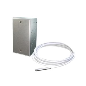 A metal rectangular electrical box next to a coiled white cable ending in a slim metal probe.