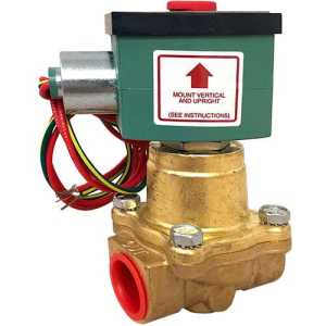 close-up of a brass solenoid valve with green rectangular solenoid coil labeled 'mount vertical and upright'; wiring leads are visible on the side