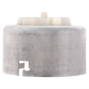Silver round metal cylinder with a small square cut-out at the base and a white plastic piece protruding from the top.