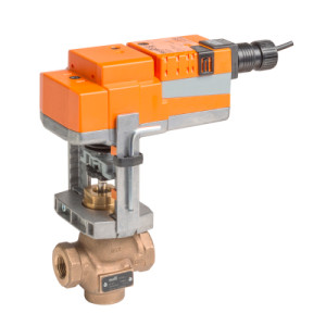 Brass valve body topped by an orange rectangular motor, connected via a silver mounting frame