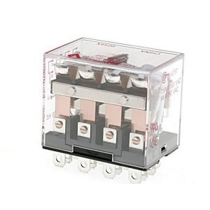 Clear plastic-cased electrical relay exposing four copper contact arms and screw terminal posts; the component sits on a black base with spade connectors.