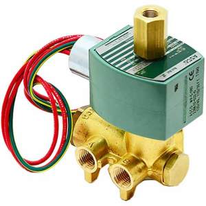 Four-port brass solenoid valve with green coil and colored wires
