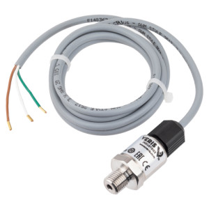 Pressure sensor with hex threaded end connected to coiled grey cable with brown, green and white wires.