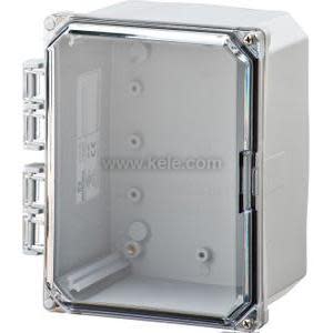 A rectangular gray electrical box with a transparent hinged front cover and a row of rectangular hinge loops along the left edge, displayed in a neutral setting.