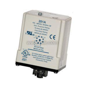 Compact white relay component with printed specification chart and eight-pin base