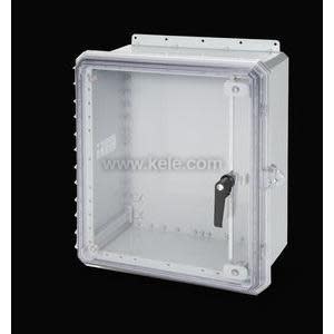 Large grey enclosure with clear hinged door and latch.