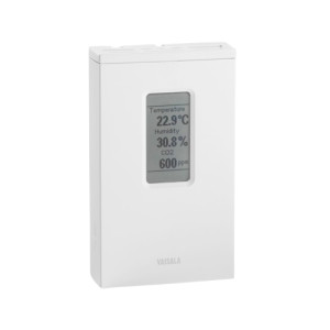 A slim white wall sensor with a small vertical screen displaying 22.9 °C, 30.8% humidity and 600 ppm CO₂.