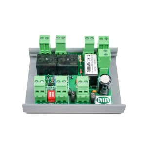 Electronic control board with two black relays, multiple green connectors and a capacitor