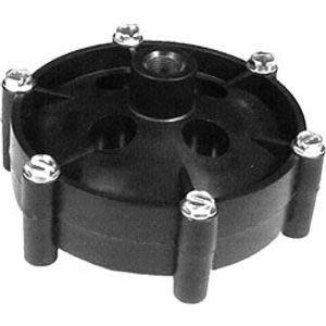 Circular black component with evenly spaced screws around the edge and a hole at the center.