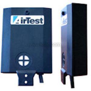 A compact black rectangular air quality sensor featuring a circular vent pattern on the front and a small mounting tab at the bottom.