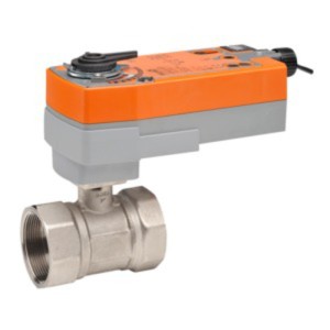 Brass ball valve with flanged ends and an attached orange actuator on top