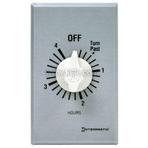 Rectangular grey wall plate with white rotary dial labeled OFF and 1 to 4 hours scale