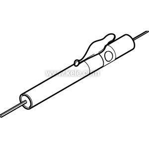 A simple line drawing of a long cylindrical hand tool featuring a lever near the center and a rod extending from both ends
