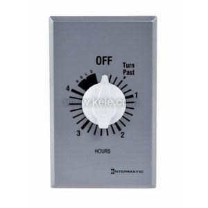 Silver wall-mounted timer with a white knob displaying hour increments and an off setting at the top