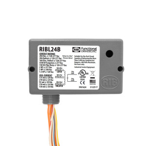 Grey rectangular box with a printed label, a red LED and wires exiting the bottom