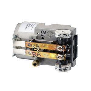 A small mechanical thermostat featuring two numbered dials and metal adjustment levers.