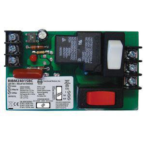 Green printed circuit board relay module labeled RIBM2401SBC featuring a red push button, white block component, and multiple screw terminal connectors