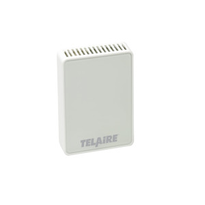 White rectangular CO 2 sensor with vent slits at top and Telaire logo at bottom.