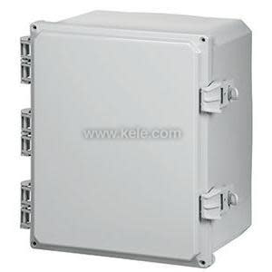 A sturdy light grey enclosure with a hinged front panel secured by several side latches, designed for outdoor electrical equipment
